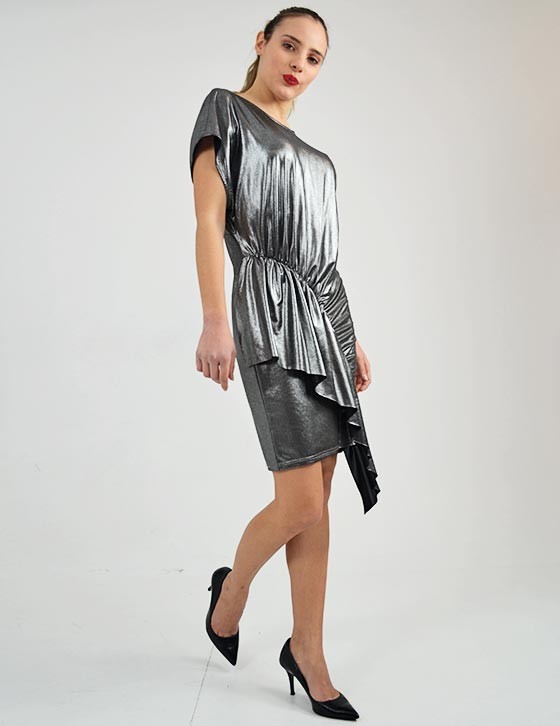 OFFER  / 0191.328 Metallic Ruched Ruffled  Mini Dress
