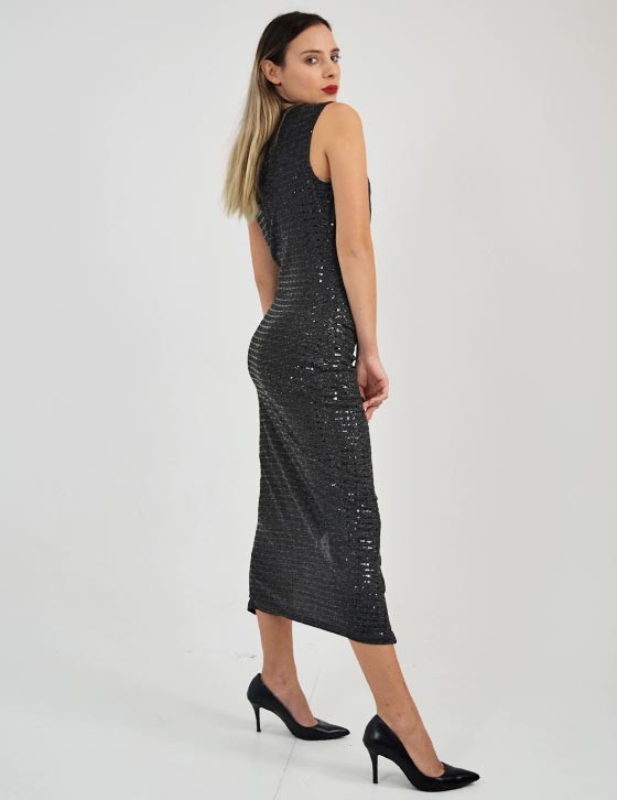 AT4622 Sequin Cross Wrap Ruched Detail Midi Dress