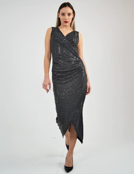 AT4622 Sequin Cross Wrap Ruched Detail Midi Dress