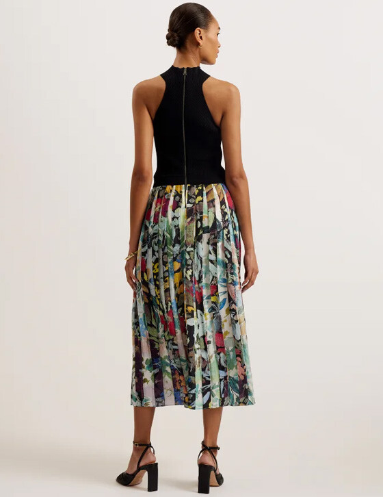 CORINO274138 Sleeveless Midi Dress With Floral Pleated Skirt